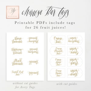 May include: Printable PDF tags for a mimosa bar, featuring 26 different fruit juices. The tags are shown with and without cut guides for Avery tags.