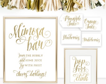 Mimosa Bar Package Set: Mimosa Bar Sign &amp; Poster, Mimosa Bar Tags, Mimosa Bar Fruit Labels, Pop Fizz Clink Kit White Gold - Ava