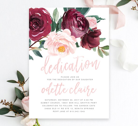 Dedication Invitation Girl, Girl Dedication Invite, Floral Dedication Invitation, Blush Pink & burgundy Flowers, Greenery - PI-O, Odette Il_570xn