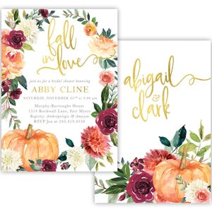 Custom Fall In Love Bridal Shower Invitation Burgundy, Orange, Pink Fall Florals, Fall Pumpkin Invite - Fall 7 - Fall7BR01b