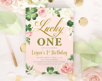 Lucky ONE, Girl 1st Birthday Invitation, St. Patty's Day Girl First Birthday Invite St. Patrick's Day Birthday Party, Shamrocks & Kelly Pink