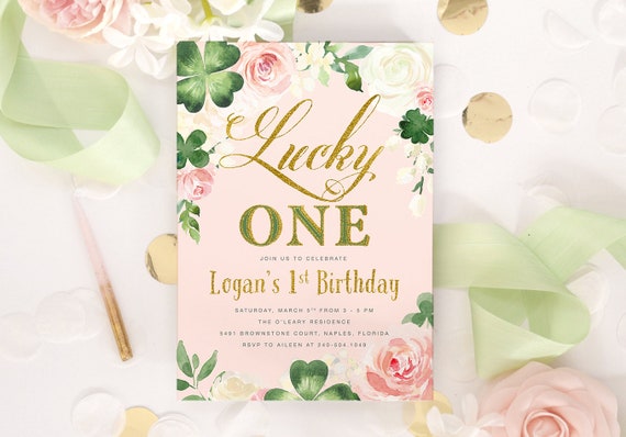 Lucky ONE, Girl 1st Birthday Invitation, St. Patty's Day Girl First Birthday Invite, Saint Patricks Day Birthday Party, Shamrocks & Pink Il_570xn