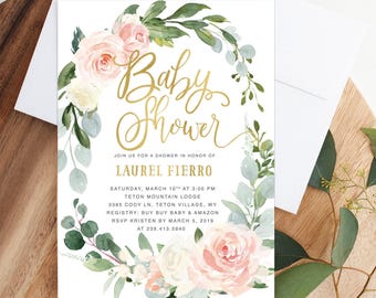 Baby Shower Invitation Girl, Floral Baby Shower Invitation, Girl Baby Shower Invite, Spring Baby Shower, Blush Pink & Greenery - Gold Laurel