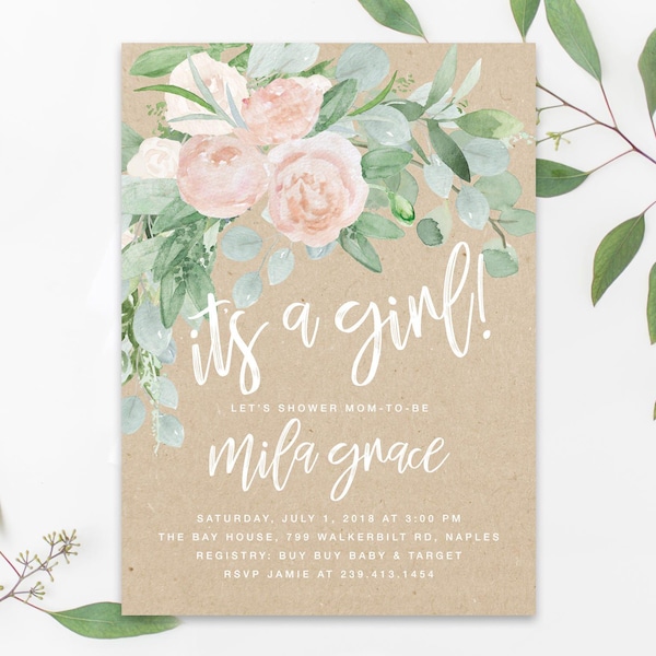 Baby Shower Invitation Girl, "It's a Girl" baby shower invite, Custom Invitations + Printed With Envelopes Optional - Mila