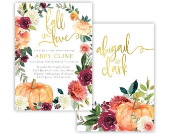 May include: Two rectangular invitation cards featuring watercolor floral arrangements with burgundy, orange, and white flowers and pumpkins. The text reads fall in love, ABBY CLINE, and abigail & clark in gold script and serif fonts with event details.