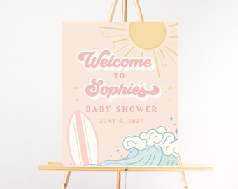 Surf Board Baby Shower Welcome Sign - Pink