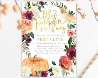 Custom A little Pumpkin is on Its Way Fall Baby Shower Invitation Burgundy & Pink, Orange Fall Florals - Fall 7 - Fall7BB01b