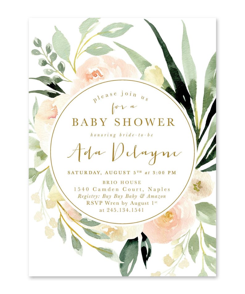 Baby Shower Invitation Girl, Girl Baby Shower Invite, Floral Baby Shower Invite Girl, Blush Pink, Peach & Greenery, Printed /Printable - Ada image 4