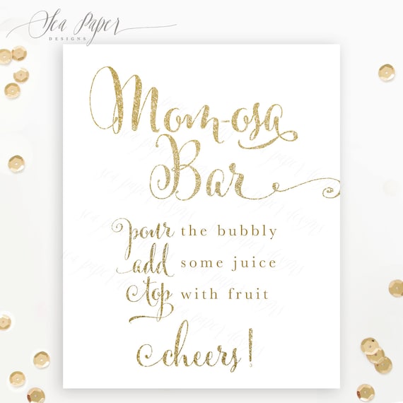 Mom-osa Bar Sign, Baby Shower Mimosa Bar Sign - Printable, White & Gold Glitter - Champagne Bar, Bubbly Bar, 5x7, 8x10 - Mia Il_570xn
