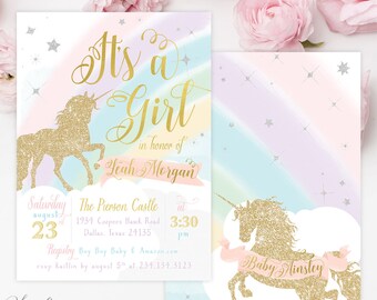 Unicorn Baby Girl Shower Invitation, It's a Girl Baby Shower, Girl Baby Shower Invite, Unicorn Invite, Rainbow, Printed or Printable - Leah