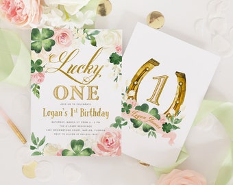 Lucky ONE, Girl 1st Birthday Invitation, St. Patty's Day Girl First Birthday Invite, St. Patrick's Birthday Party, Shamrocks & Pink - Kelly