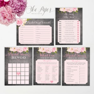 May include: A set of printable bridal shower games with a pink floral theme. The games include a word scramble, bingo, "He Said, She Said", "What's in Your Purse", and "Price is Right".