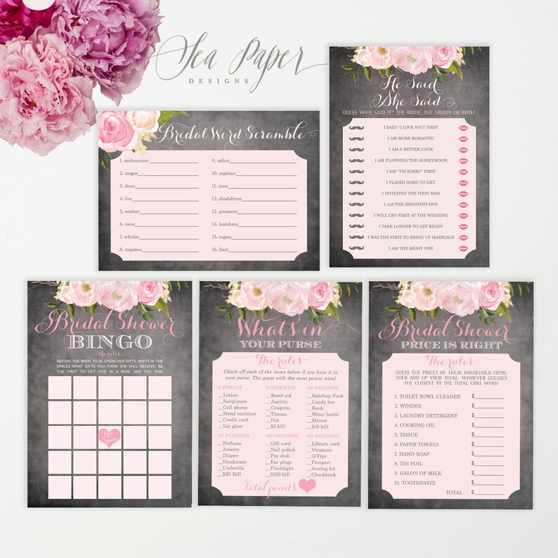 May include: A set of printable bridal shower games with a pink floral theme. The games include a word scramble, bingo, "He Said, She Said", "What's in Your Purse", and "Price is Right".