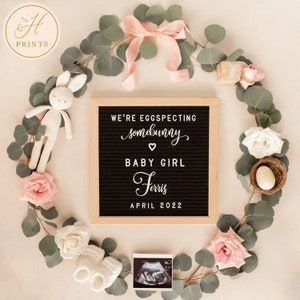 Anuncio de embarazo de Pascua de Baby Girl para las redes sociales, Anuncio de primavera del bebé para las redes sociales, Anuncio de embarazo de Letter Board