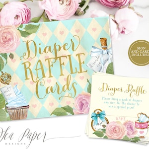 Alice in Wonderland Diaper Raffle Cards and Sign, Printable Baby Shower Game, Diaper Raffle, Alice in Wonderland, INSTANT DOWNLOAD, Alice