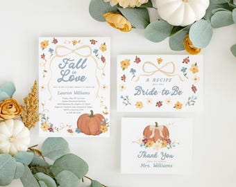 Printed Pumpkins & Prosecco Bridal Shower Invitation with Envelopes Bundle - Hand Painted Bow Fall Invites