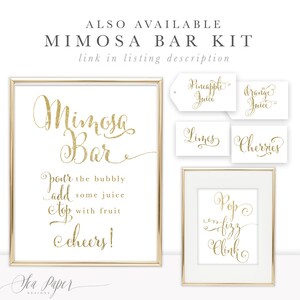 Peut inclure: Un kit de bar &agrave; mimosas avec du texte dor&eacute; &agrave; paillettes sur fond blanc. Le kit comprend un grand panneau encadr&eacute; avec l'inscription "Mimosa Bar" et des panneaux plus petits pour le jus et les fruits. Le texte "Pop fizz clink" est &eacute;galement affich&eacute;.