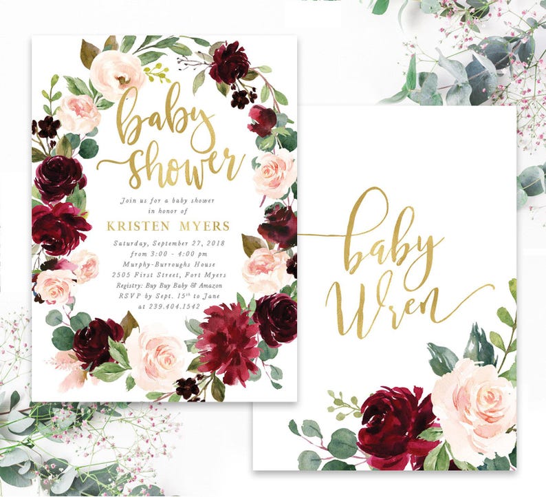 Baby Shower Invitation Girl, Girl Baby Shower Invite, Burgundy & Blush Baby Shower Invite, Floral Baby Shower - Printed, Printable - Kristen image 2