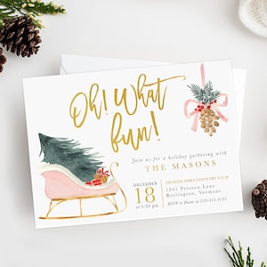 Oh What fun! Holiday Party Invitation, Christmas Party Invites, Winter Party Invitation, Sleigh, Trees, Gold, Printed / Digital - Holiday 31