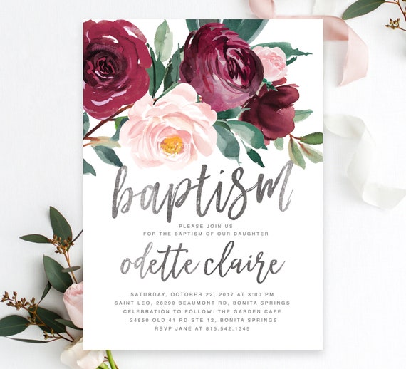Baptism Invitation Girl, Baptism Invitation Girl Floral: Blush Pink, Burgundy Flowers, Greenery, Modern - Printed / Printable - Black Odette Il_570xn