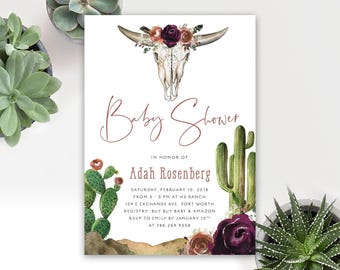 PRINTED Girl Boho Baby Shower Invitation, Southwestern Cactus Baby Shower Invitation, Bull Skull, Boho Baby Shower Invite - Adah