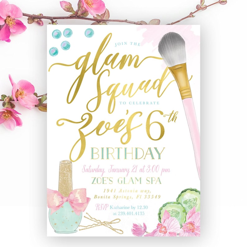Spa Birthday Party Invitation, Glam Squad Birthday Party Invitation - Makeup Birthday Party Invite, Girl Birthday Party Invitation, Glam Spa image 1