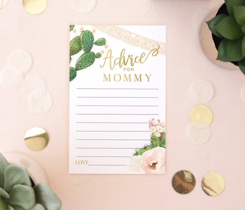 K&ouml;nnte beinhalten: Eine wei&szlig;e Karte mit goldener Aufschrift "Rat f&uuml;r Mama". Die Karte ist mit einem Kaktus und einem Blumendesign verziert.