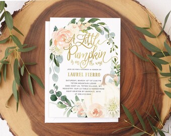 Fall Baby Shower Invitation, Pumpkin Baby Shower Invitation, A little Pumpkin is on The Way Fall Baby Shower Invitation, Peach Laurel