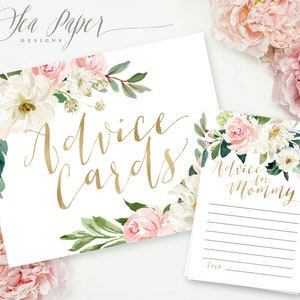 Consejos imprimibles para la tarjeta de mamá, juego y letrero de baby shower, rosas rosadas y flores blancas, DESCARGA INSTANTE - Charlotte