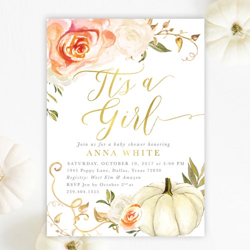 Girl Fall Baby Shower Invitation Pumpkin Baby Shower Invite - Etsy