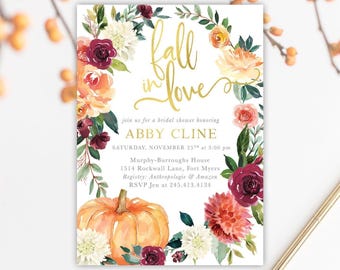 Printed Shower Invitations | Fall In Love Bridal Shower Invitation: Pumpkin Bridal Invite with Envelopes - Fall7BR01b | Invitation Printing