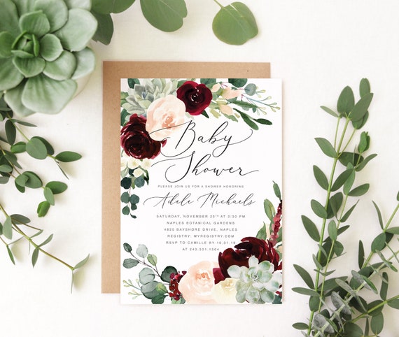 Succulent Baby Shower Invite Girl, Boho Baby Shower Invitation, Burgundy & Blush Baby Shower Invite, Succulents Florals and Greenery - Adele Il_570xn