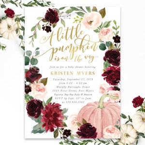 A little Pumpkin is on Its Way Fall Baby Shower Invitation, Fall Baby Shower Invite Girl, Burgundy and Blush Pink with Greenery - Kristen