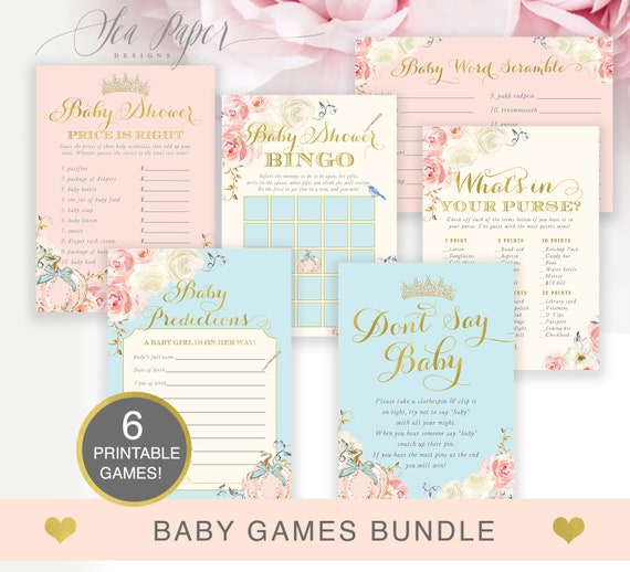 Cinderella Princess Baby Shower Games Pack, Printable Baby Shower Games Package, 6 Printable Baby Shower Games Bundle, INSTANT DOWNLOAD Il_570xn