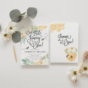 Little Honey 1st Birthday Invitations, Bee First Birthday Party Printed Invites & Envelopes - Honeybee | Invitation Printing or Digital image 5