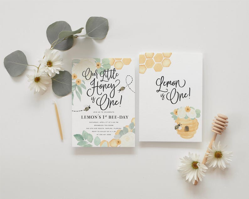 Little Honey 1st Birthday Invitations, Bee First Birthday Party Printed Invites & Envelopes - Honeybee | Invitation Printing or Digital image 5