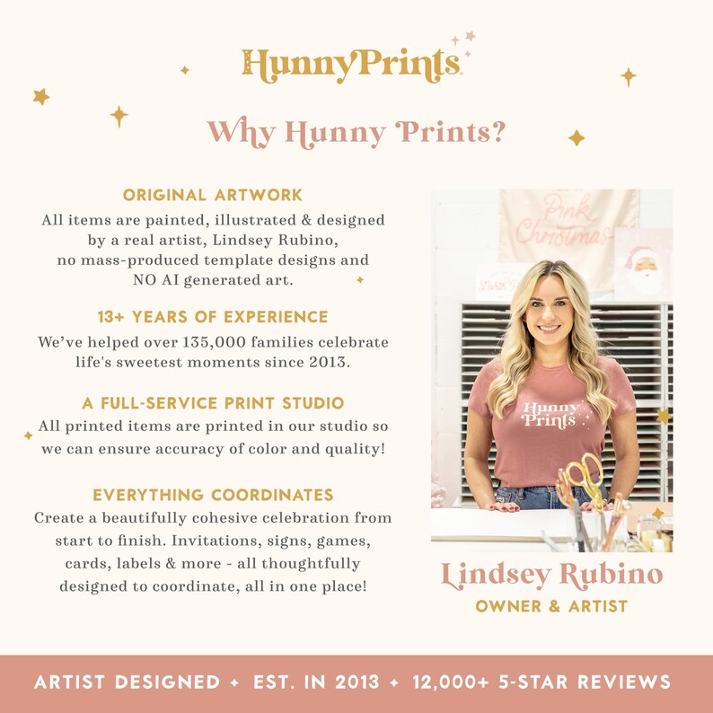 The image is a promotional poster for a business called "HunnyPrins". It features a woman standing in front of a window, smiling and wearing a pink shirt. The poster highlights the business's unique selling points, such as their original artwork, 13+ years of experience, a full-service print studio, and everything coordinates. The poster also mentions that the business is artist-designed, established in 2013, and has 12,000+ 5-star reviews.