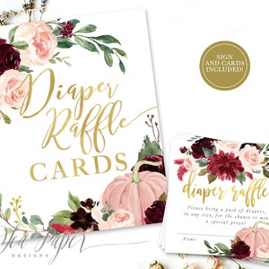 Cartes et signe de tombola de couches d'automne, jeu de douche de bébé imprimable d'automne, fleurs de Bourgogne d'automne et citrouilles roses, TÉLÉCHARGEMENT INSTANTANÉ - KR-P, Kristen