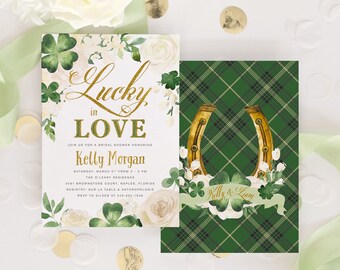 Könnte beinhalten: Eine grüne und weiße Einladung zur Brautparty mit goldenen Lettern. Die Einladung lautet "Lucky in Love" und zeigt ein Kleeblatt und ein Hufeisen. Die Einladung ist für Kelly Morgans Brautparty.