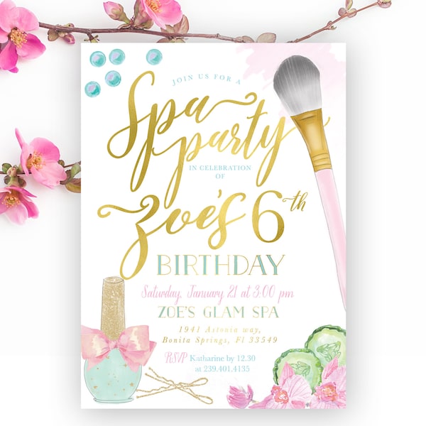 Spa Party Invitation, Spa Birthday Party Invitation - Glam Spa Party, Makeup Party Girl Birthday Invite