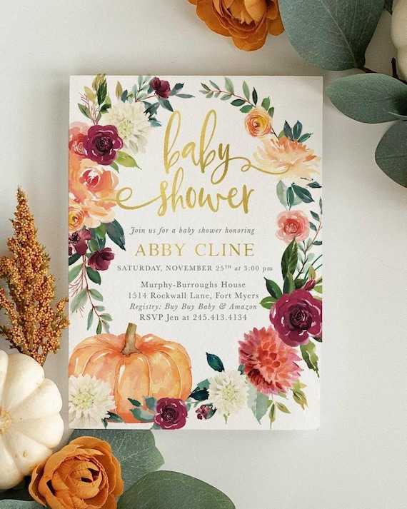 Fall Baby Shower Invitations | Pumpkin baby Shower Printed Invites with Envelopes- Fall 7 - Fall7BB01a | Invitation Printing or Digital