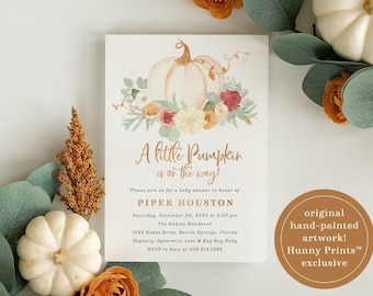 Pumpkin Baby Shower Invitations | Fall Baby Shower Printed Invites with Envelopes - Piper | Invitation Printing or Digital