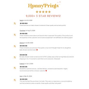 a collection of customer reviews for various products, including baby shower invitations. The reviews are positive and praise the quality and arrival of the products.