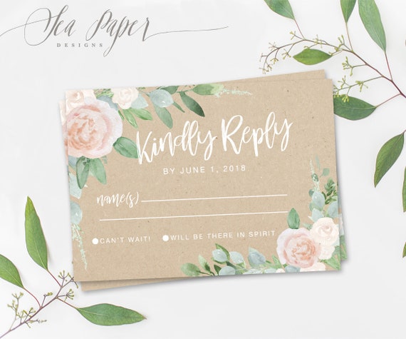RSVP Cards or Postcards - Printed or Printable, Pink Roses & Rustic Greenery - Baby Shower, Bridal, Birthday, Religious Event -Kraft MILA Il_570xn
