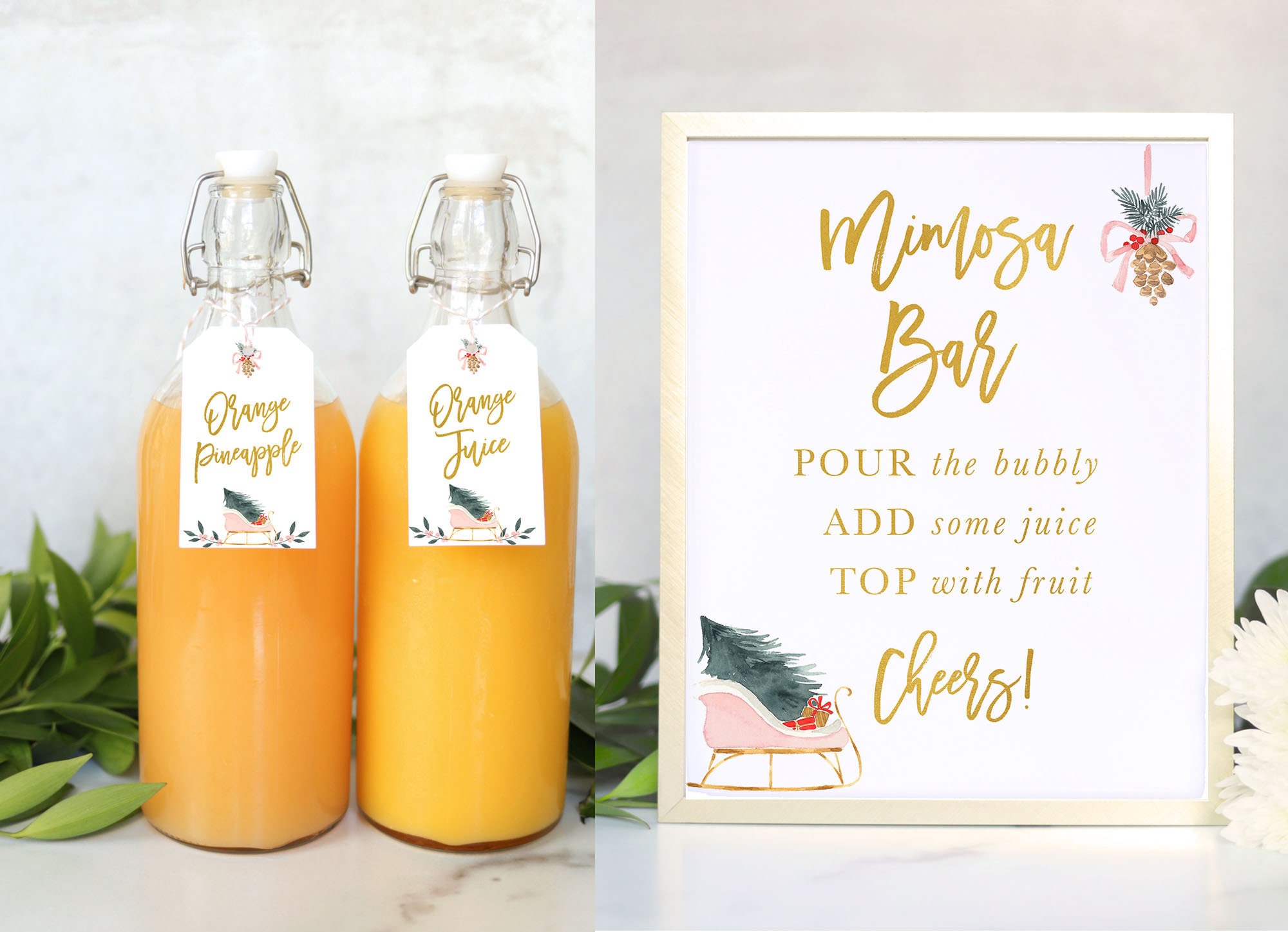 Holiday Mimosa Bar Package Set: Pink Winter Mimosa Bar Sign & Tags, Mimosa Bar Tags, Pink Sleigh and Holly  - Holiday 31