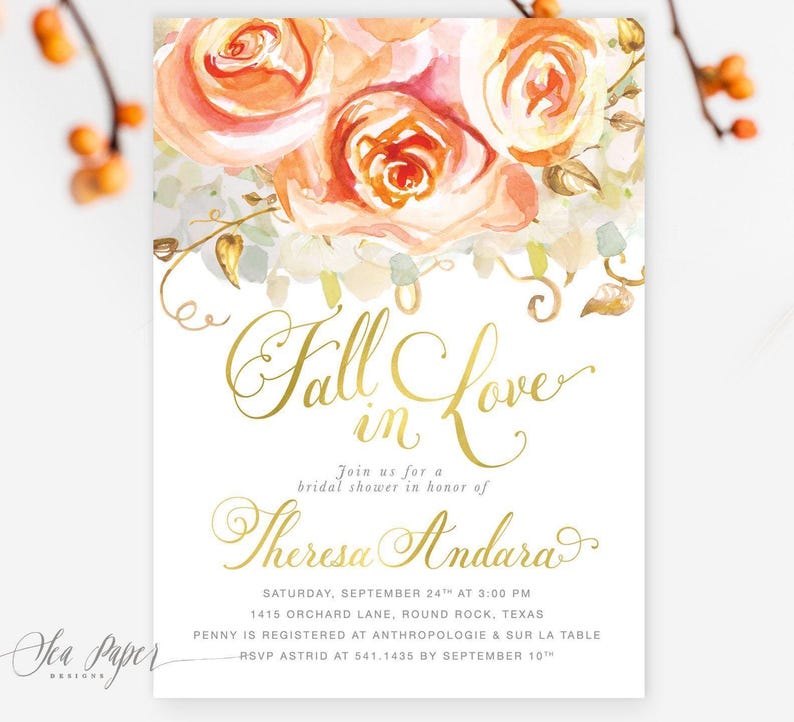 Fall Bridal Shower Invitations: Fall in Love Bridal Printed Invites With Envelopes - Design Fall 4 | Invitation Printing or Digital image 1