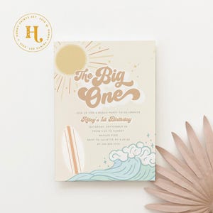 Surf Boy First Birthday Invite, The Big One Birthday Invitation, Boy's 1st Birthday Invite Digital File for Text, Email & Printing image 1