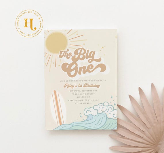 Surf Boy First Birthday Invite, The Big One Birthday Invitation, Boy's 1st Birthday Invite Digital File for Text, Email & Printing