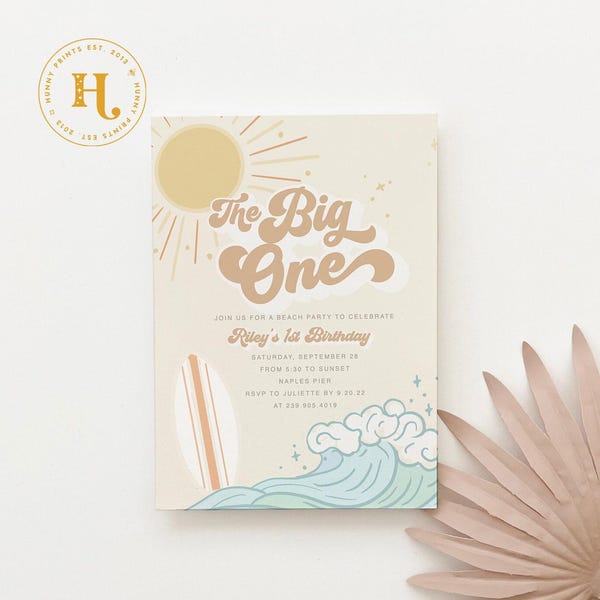 Surf Boy First Birthday Invite, The Big One Birthday Invitation, Boy's 1st Birthday Invite Digital File for Text, Email & Printing
