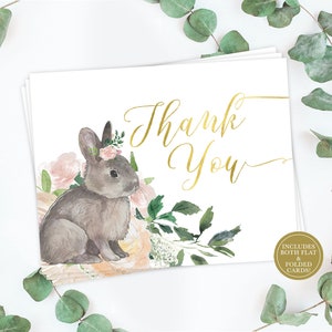 Bunny Thank You Card, Printable Girl Bunny Thank You Card, Blush Pink Floral and Greenery - INSTANT DOWNLOAD - Folded or Flat Cards -  Penny